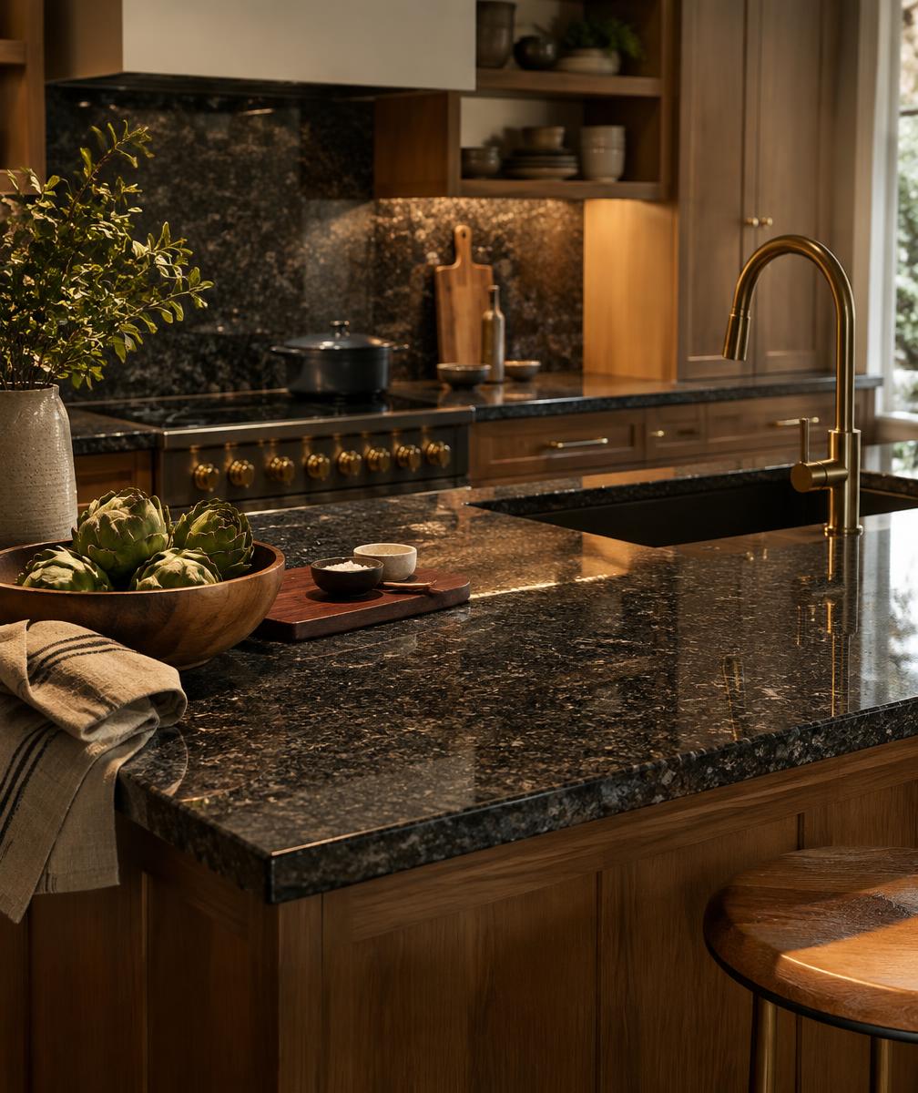 Dark granite countertop with brass faucet