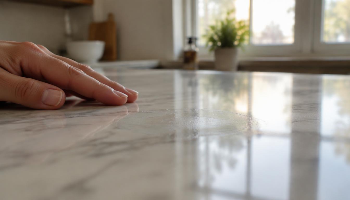 Checking a marble countertop at a low angle to spot dull etch marks