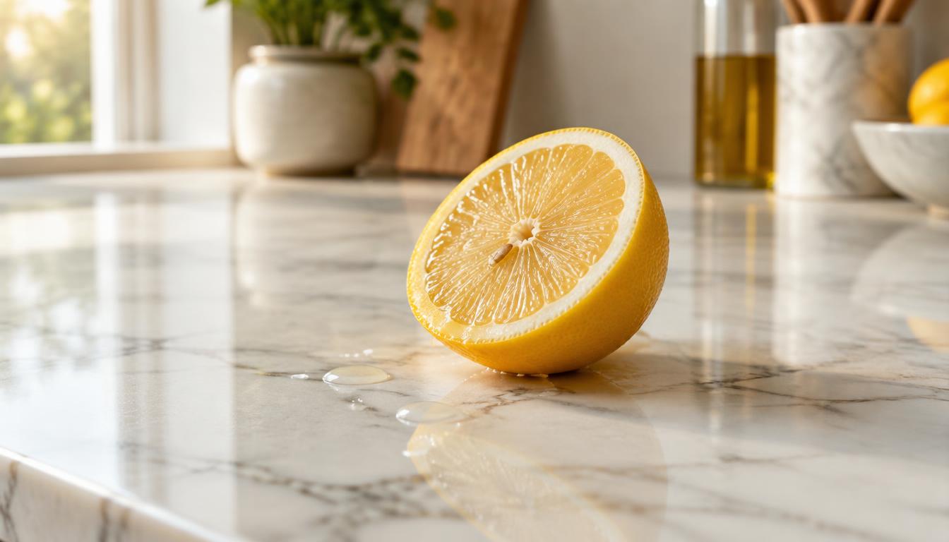 Cut lemon on a white marble countertop