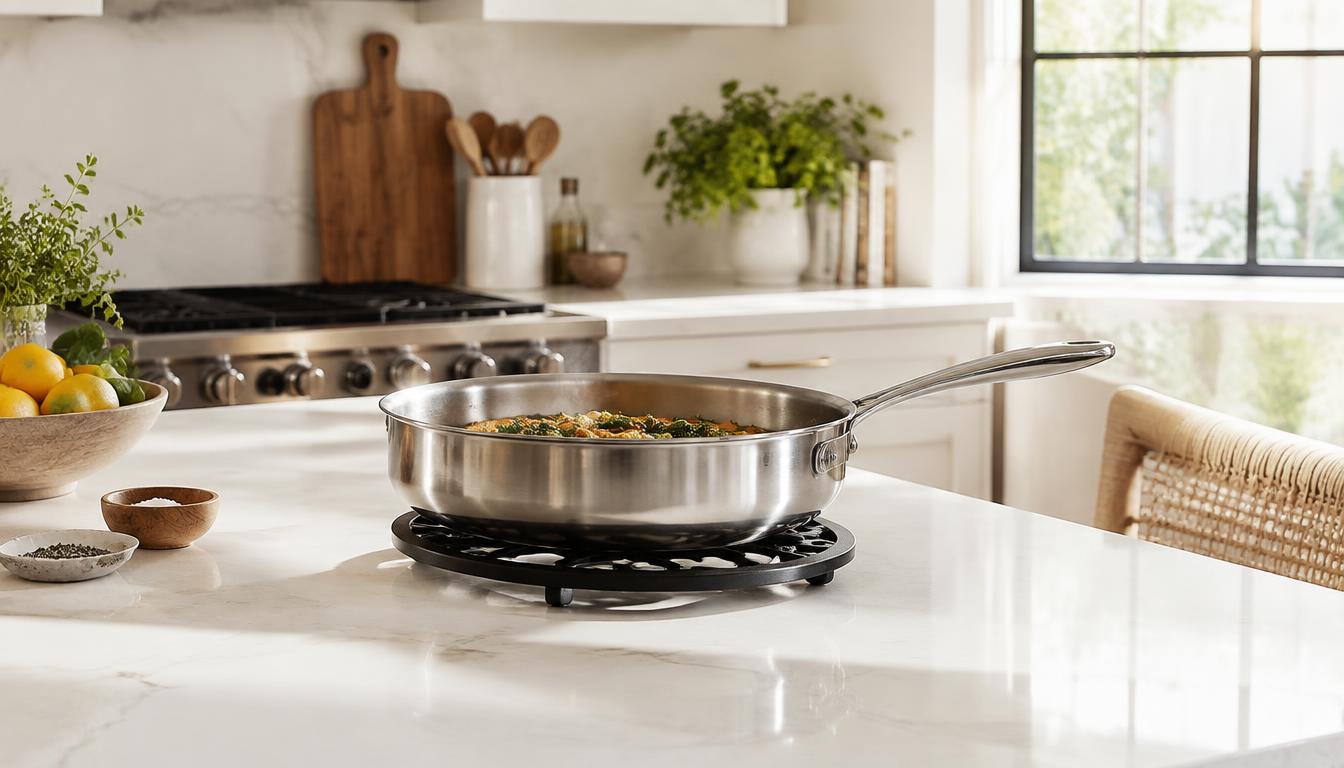 White quartz kitchen countertop with a trivet under a hot pan